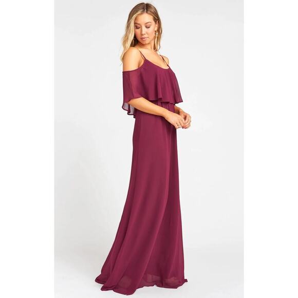 Show Me Your Mumu Caitlin Ruffle Maxi Dress Chiffon Merlot - Picture 2 of 8